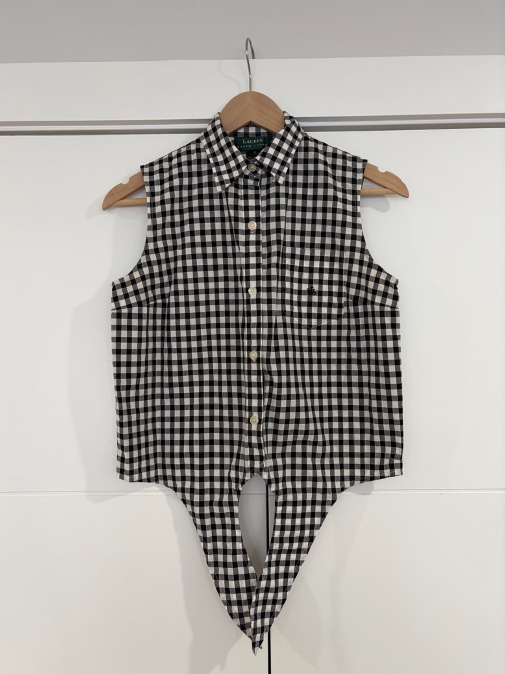 Lauren Ralph Lauren Black & White Gingham Tie-Front button down Sleeveless Shirt - Picture 3 of 10